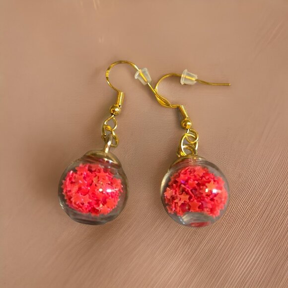 Bright Red/Orange Stars Globe Earrings - Picture 4 of 4